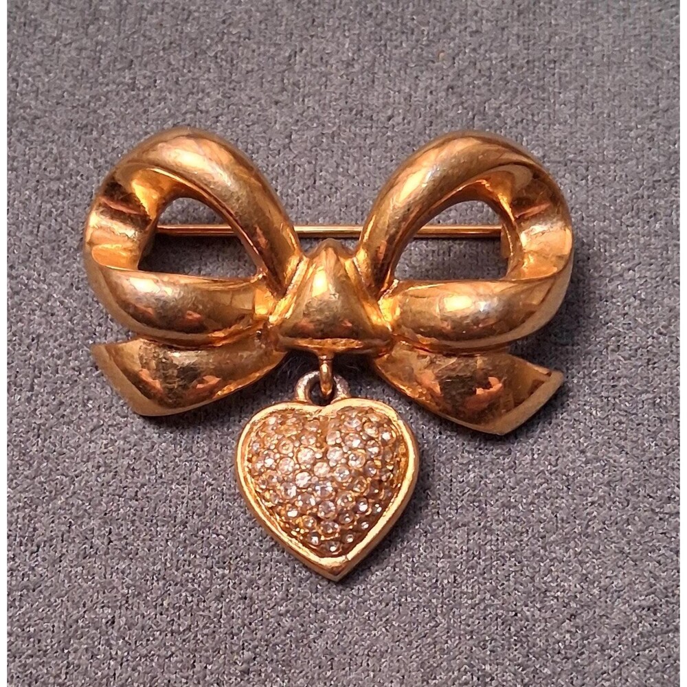 Whiting & Davis Heart Brooch Vintage Rhinestone Dangle Bow